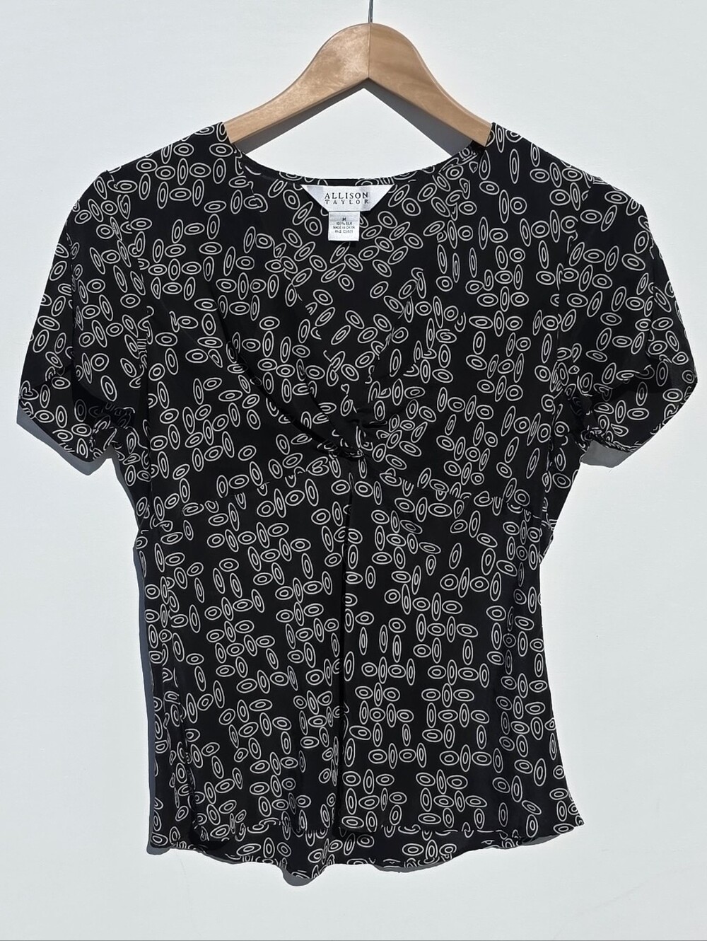 Allison Taylor Medium, Silk,  Black Blouse with White Abstract Oval Print